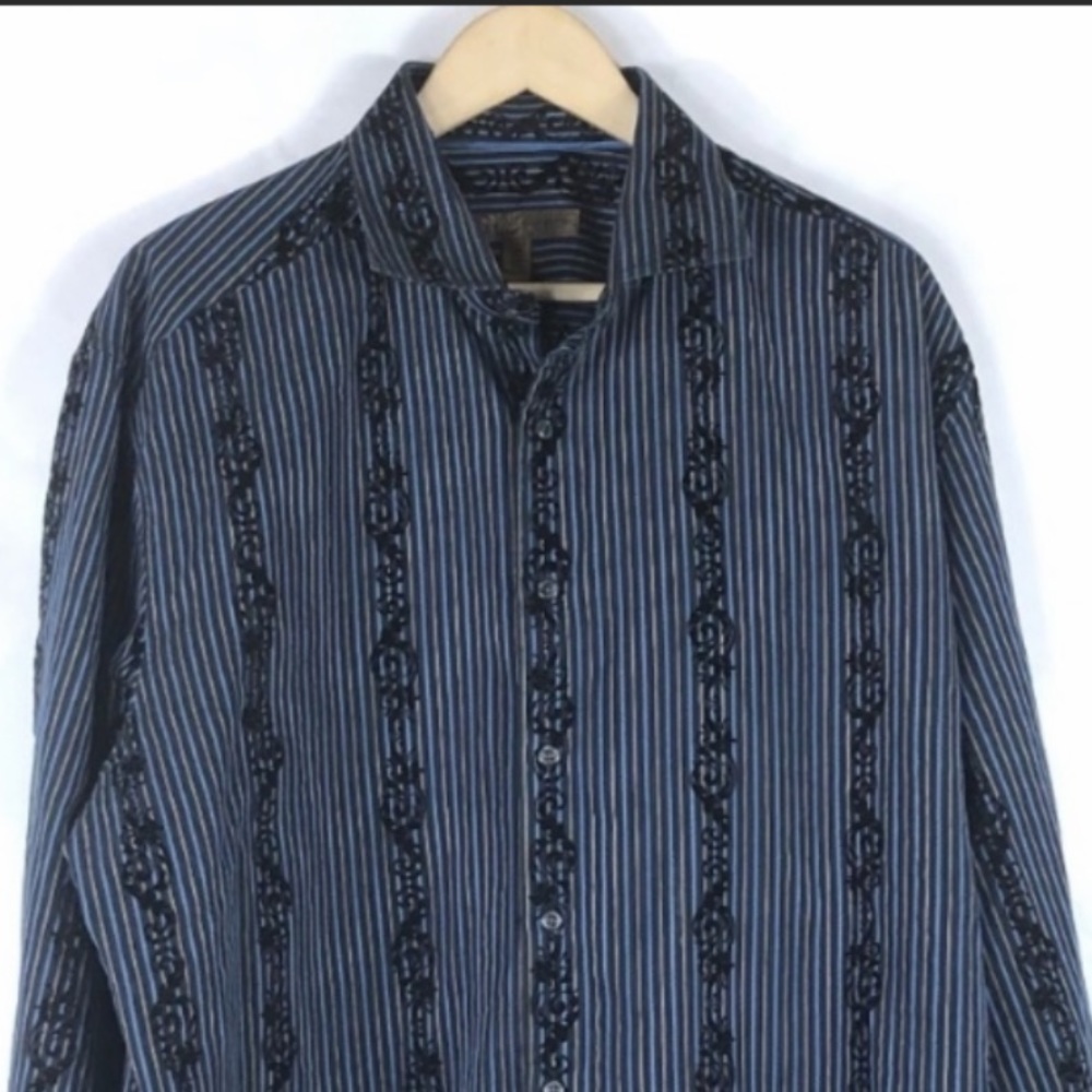 Blue Pronto Uomo Blue & Black Embroidered Button Down Shirt